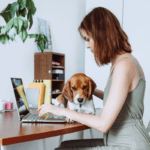 woman working on labtop on her desk with dog