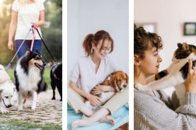 Three vertical pictures of different women enjoying time with pets.  The left shows a woman walking three dogs down a brick path.  Middle imagine is a woman holding a sleeping beagle in her lap.  The right-most picture is a woman holding a cat .  The cat's front paws are on her shoulders, its eyes scrunched shut, mid stretch.