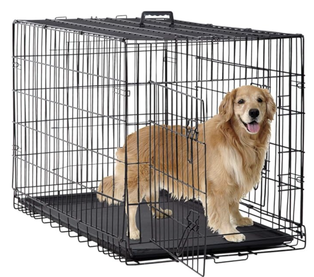 Foldable metal dog crate with double doors and removable tray