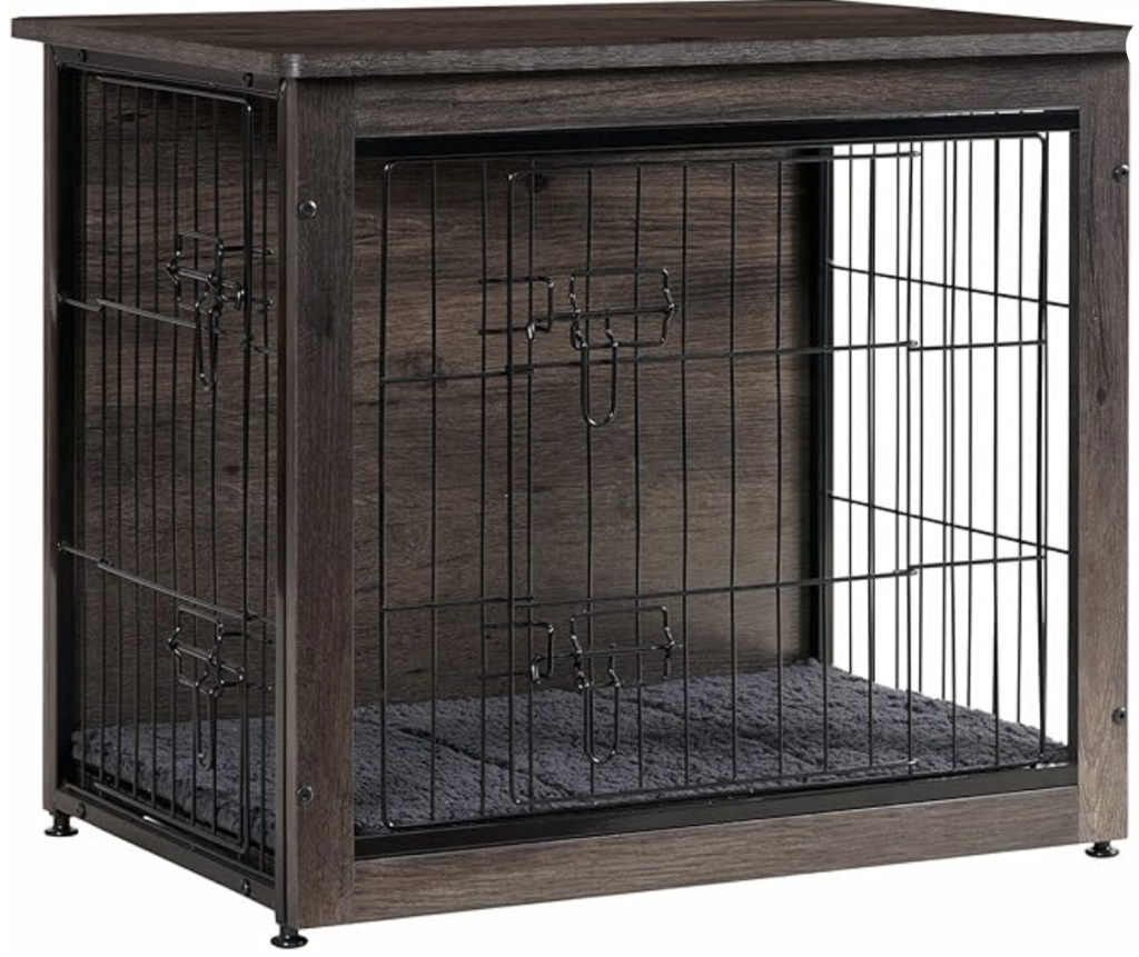 Furniture-style wooden dog kennel crate with metal bars