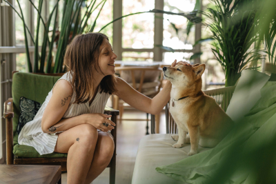 A white woman with long brown hair leans over in the chair she sits in to pet a stoic Shiba Inu. The dog sits on a couch perpendicular to the woman's chair, eyes closed, while she gently pets his head.