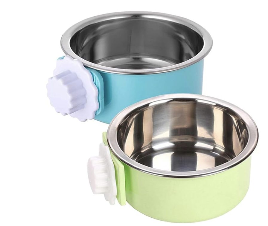 Spill-proof stainless steel hanging water bowl for crate use