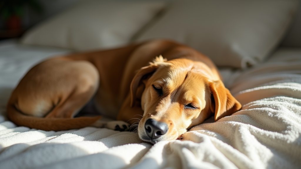 A peaceful dog sleeping curled up on a cozy bed, sunlight filtering in