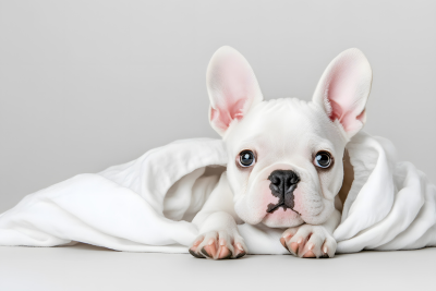 White French Bulldog puppy on a white blanket.
