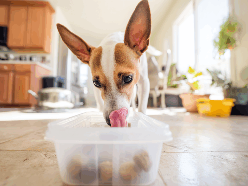 A small dog with white and tan fur licks a transparent plastic container on a kitchen floor.