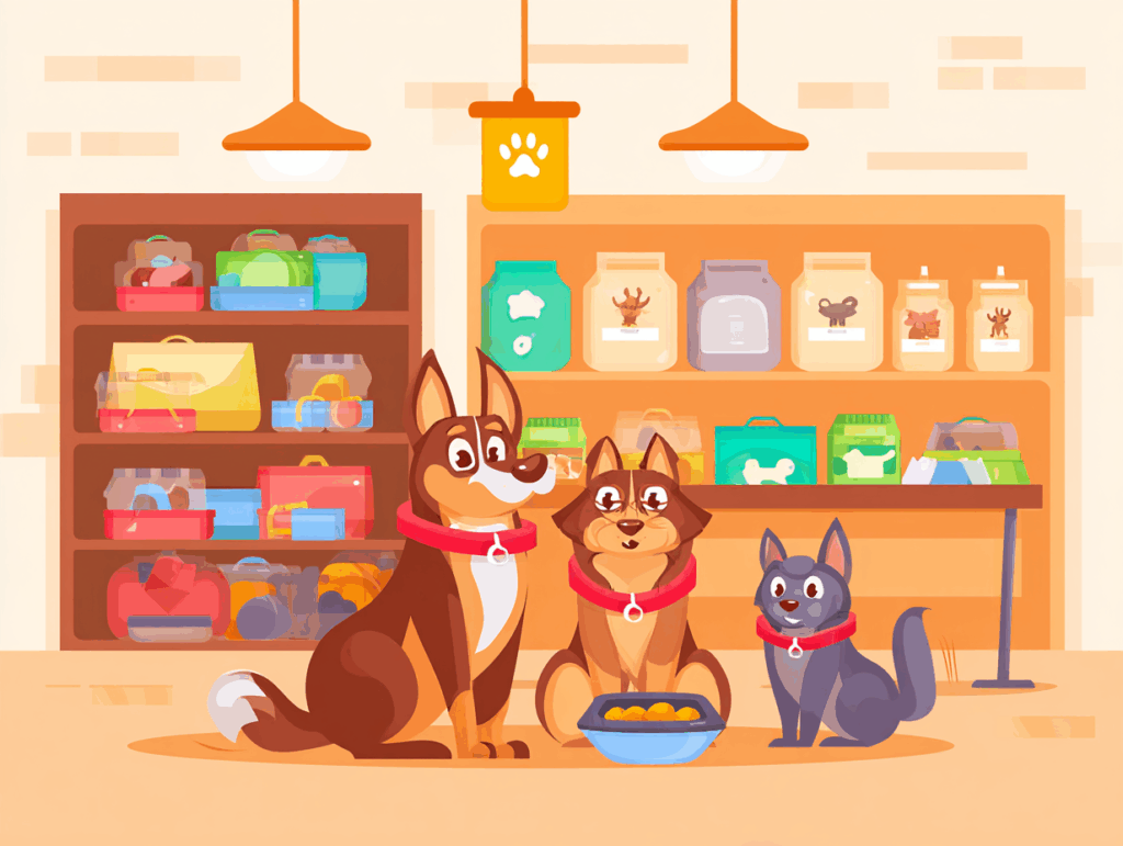 Three cartoon dogs with red collars sit in a pet store with shelves of pet supplies in the background.