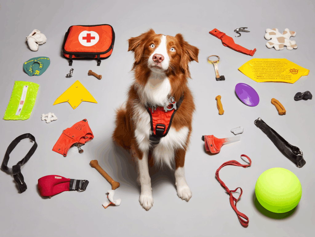 A brown and white dog with blue eyes sits on a gray background, surrounded by various dog items, including toys and leashes.