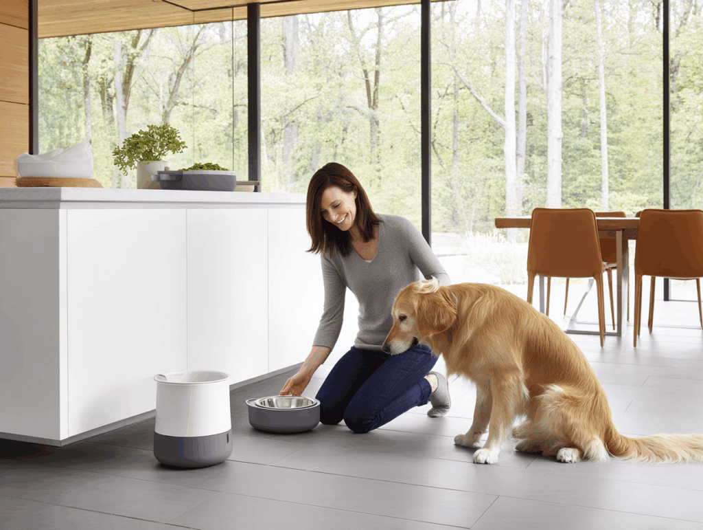 A woman kneeling in a modern kitchen with a golden retriever, holding a pet food bowl next to a pet food dispenser.