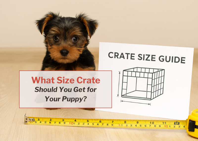 yorkie puppy sitting next to a poster with a crate diagram on it and text Crate Size Guide. Overlay text says White size crate should you get for your puppy?