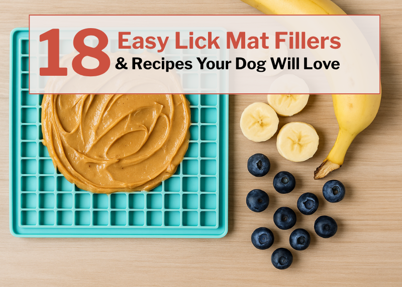 lick mat for dogs with peanutbutter spread over it and bananas and blueberries set to its side